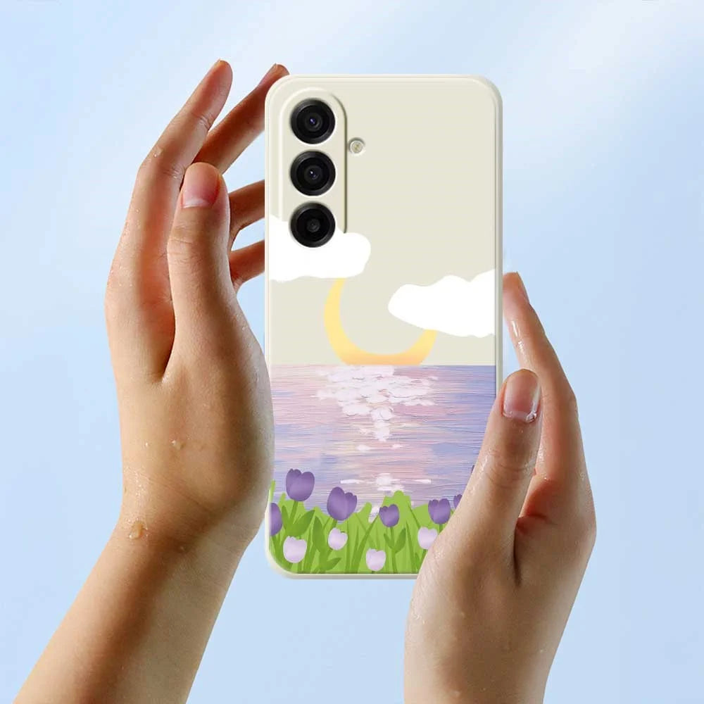 For Samsung Galaxy A18 5G / A18 4G / A17 5G / A17 4G Case Flowers and Sea Pattern Printing Straight Edge TPU Phone Back Cover - Beige - 6