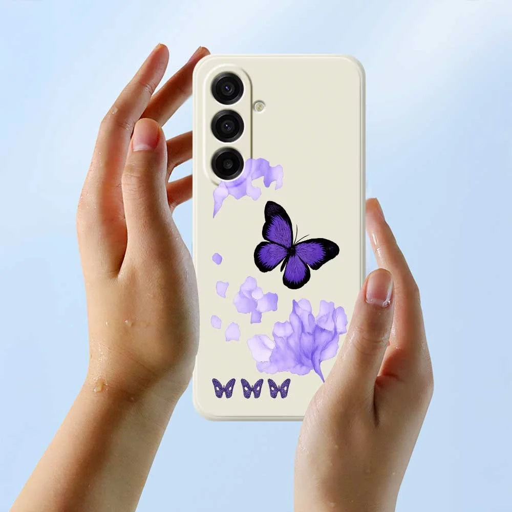 For Samsung Galaxy A18 5G / A18 4G / A17 5G / A17 4G Case Purple Butterfly Pattern Printing Straight Edge TPU Phone Back Cover - Beige - 6