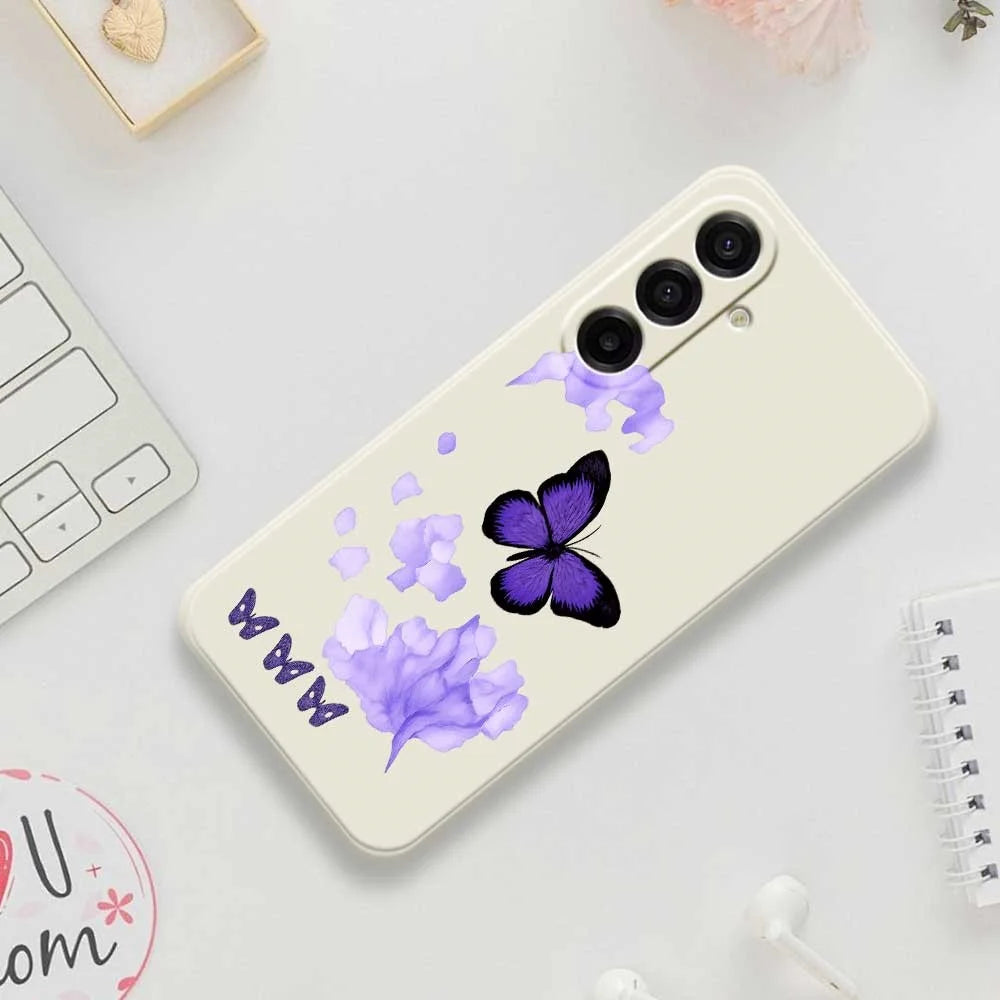 For Samsung Galaxy A18 5G / A18 4G / A17 5G / A17 4G Case Purple Butterfly Pattern Printing Straight Edge TPU Phone Back Cover - Beige - 7