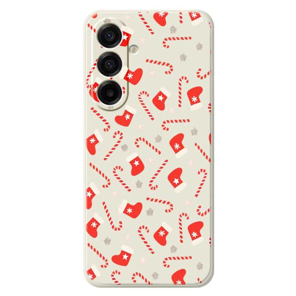 For Samsung Galaxy A18 5G / A18 4G / A17 5G / A17 4G Case Red Canes and Stockings Pattern Printing Straight Edge TPU Phone Back Cover - Beige - 1