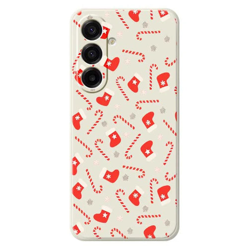 For Samsung Galaxy A18 5G / A18 4G / A17 5G / A17 4G Case Red Canes and Stockings Pattern Printing Straight Edge TPU Phone Back Cover - Beige - 1