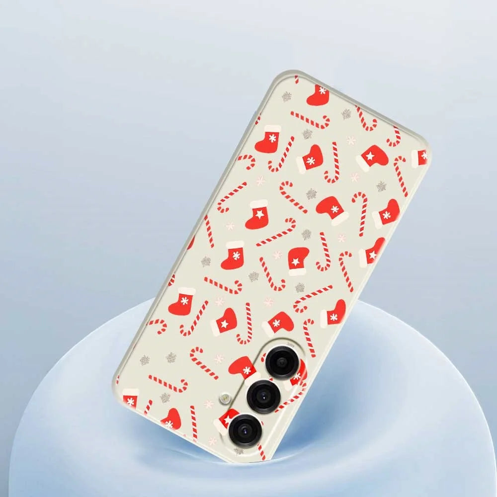 For Samsung Galaxy A18 5G / A18 4G / A17 5G / A17 4G Case Red Canes and Stockings Pattern Printing Straight Edge TPU Phone Back Cover - Beige - 5