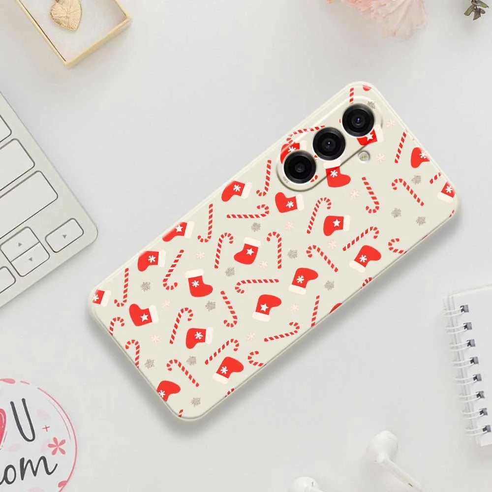 For Samsung Galaxy A18 5G / A18 4G / A17 5G / A17 4G Case Red Canes and Stockings Pattern Printing Straight Edge TPU Phone Back Cover - Beige - 7