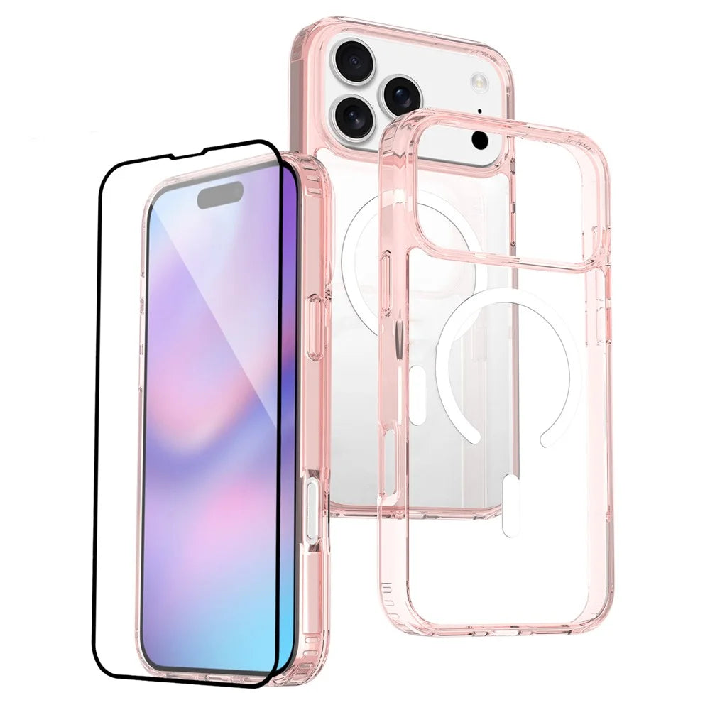 For iPhone 17 Pro Max Case Compatible with MagSafe PC + TPU Clear Phone Cover with Tempered Glass Screen Protector - Pink - 1