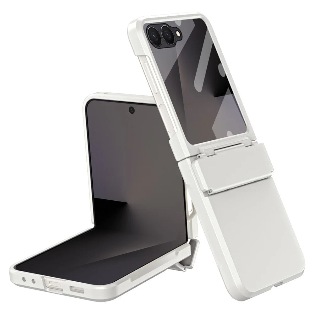 For Samsung Galaxy Z Flip7 5G Case Hard PC Phone Cover with Tempered Glass Rear Screen Protector - White - 1