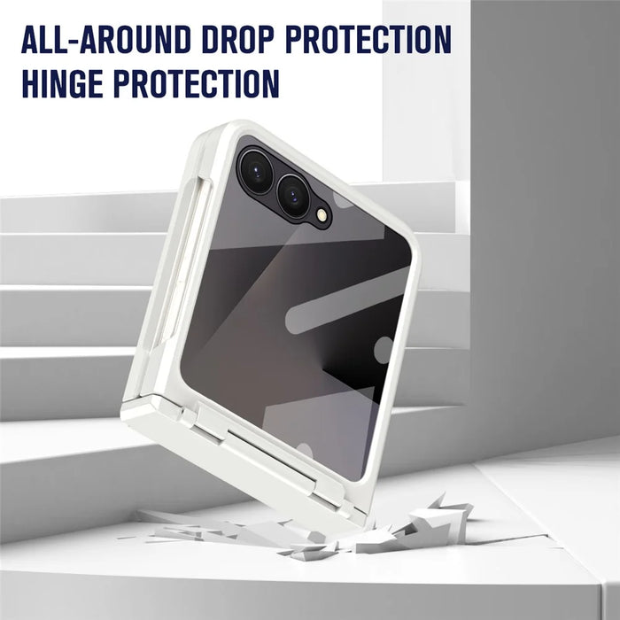 For Samsung Galaxy Z Flip7 5G Case Hard PC Phone Cover with Tempered Glass Rear Screen Protector - White - 5
