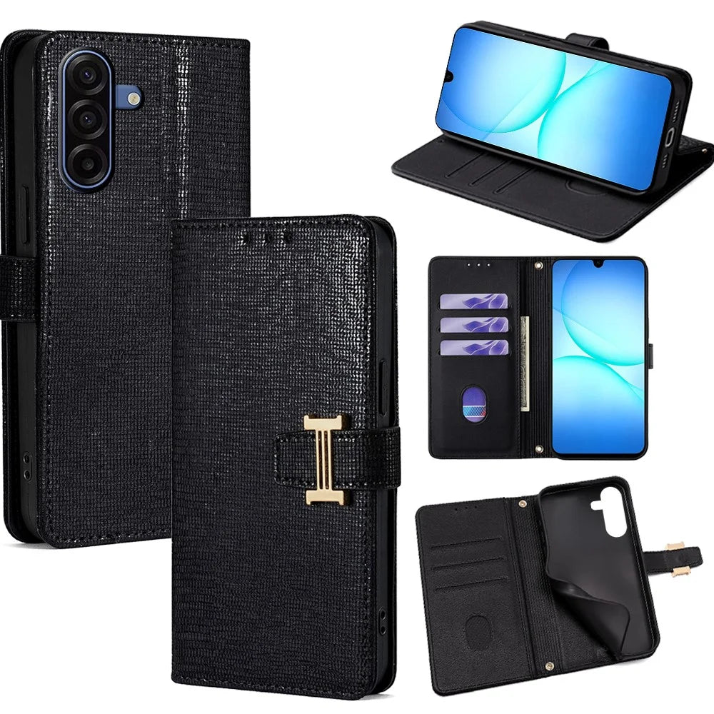 For Samsung Galaxy A18 5G / A18 4G / A17 5G / A17 4G Case Metal I-Buckle PU Leather Wallet Phone Cover - Black - 1