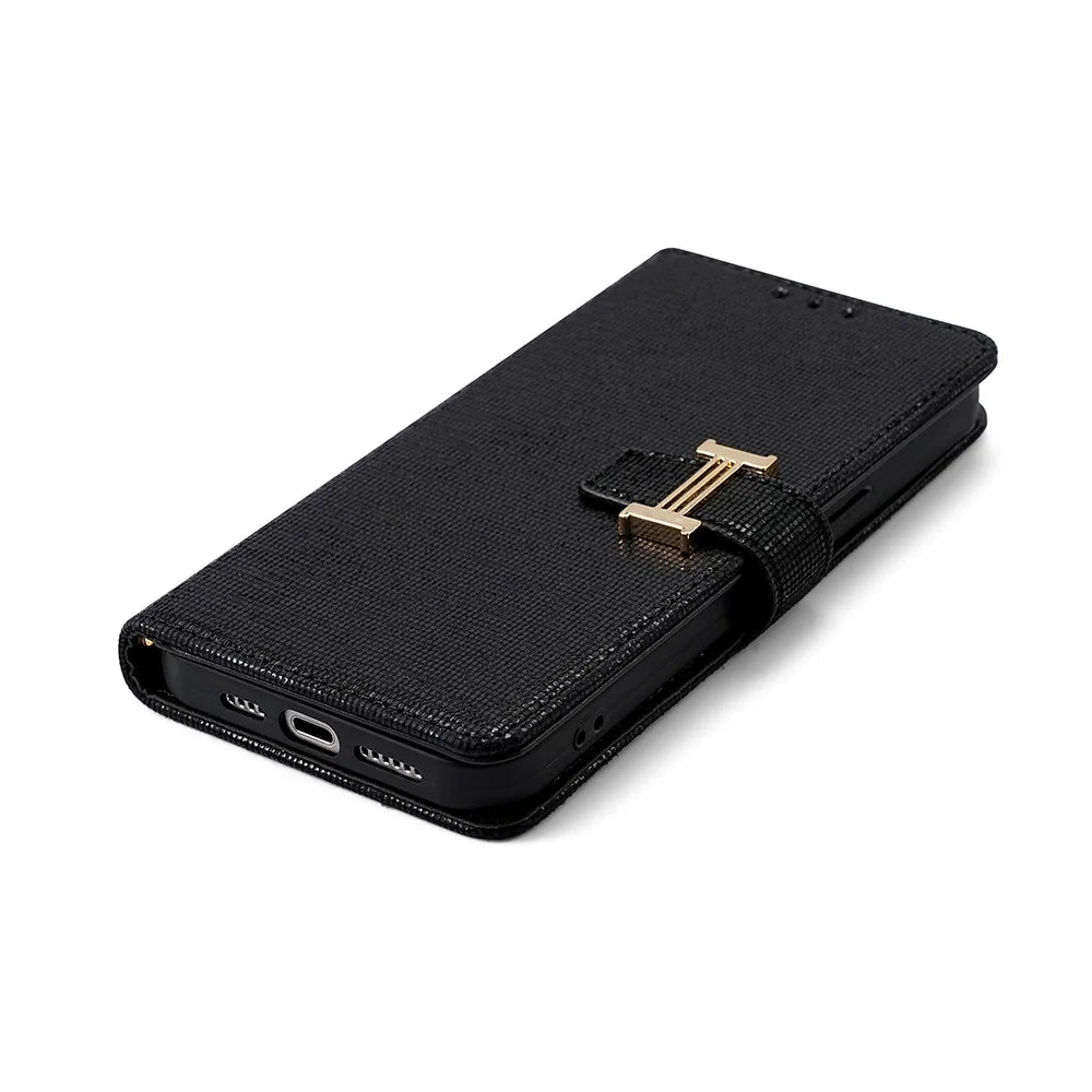 For Samsung Galaxy A18 5G / A18 4G / A17 5G / A17 4G Case Metal I-Buckle PU Leather Wallet Phone Cover - Black - 5