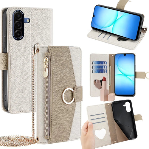 For Samsung Galaxy A18 5G / A18 4G / A17 5G / A17 4G Case Mirror Wallet Leather Phone Cover with Chain Shoulder Strap - White - 1
