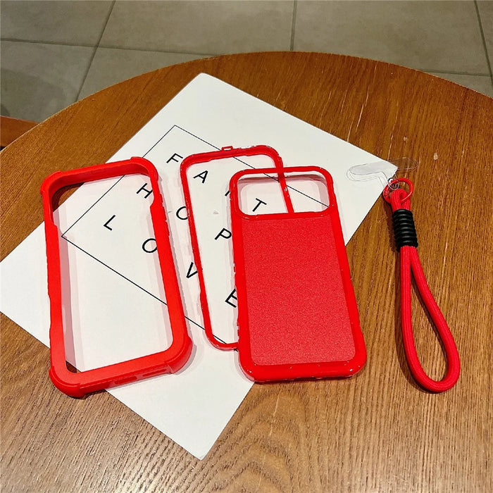 For iPhone 18 Pro Max / 17 Pro Max Case 3 in 1 Shockproof PC TPU Matte Phone Back Cover with Wrist Strap - Red - 2