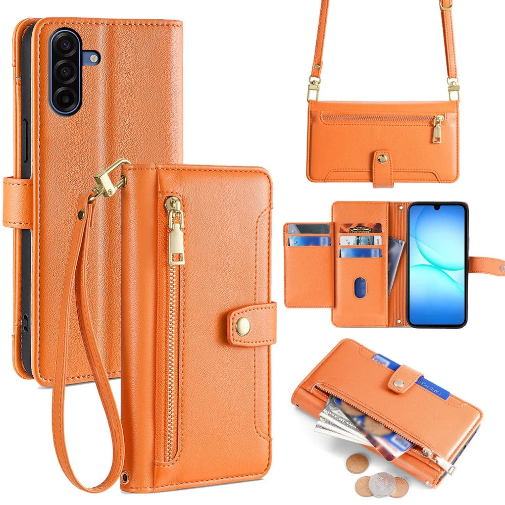 For Samsung Galaxy A18 5G / A18 4G / A17 5G / A17 4G Leather Case Zipper Pocket Wallet Phone Cover with 2 Straps - Orange - 1