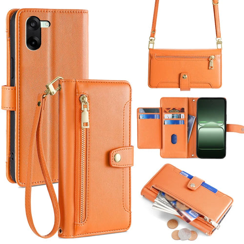 For OnePlus Nord CE5 5G / Ace 5 Racing 5G Leather Case Zipper Pocket Wallet Phone Cover with 2 Straps - Orange - 1