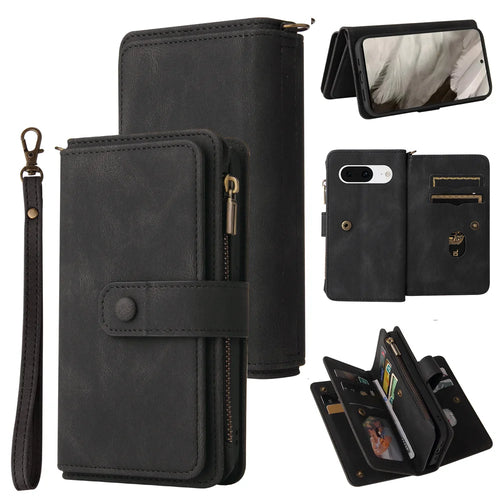 For Google Pixel 8 Zipper Wallet Case with 15 Card Slots and Strap Leather Phone Cover - Black - 1