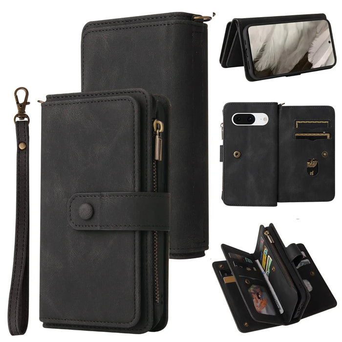 For Google Pixel 8 Zipper Wallet Case with 15 Card Slots and Strap Leather Phone Cover - Black - 1