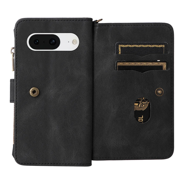 For Google Pixel 8 Zipper Wallet Case with 15 Card Slots and Strap Leather Phone Cover - Black - 2