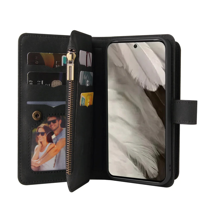 For Google Pixel 8 Zipper Wallet Case with 15 Card Slots and Strap Leather Phone Cover - Black - 3