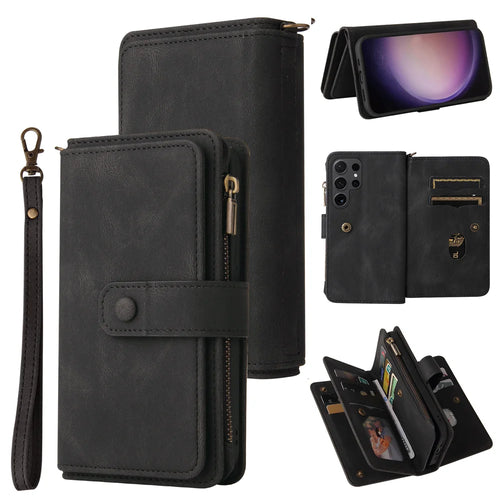 For Samsung Galaxy S24 Ultra Zipper Wallet Case with 15 Card Slots and Strap Leather Phone Cover - Black - 1