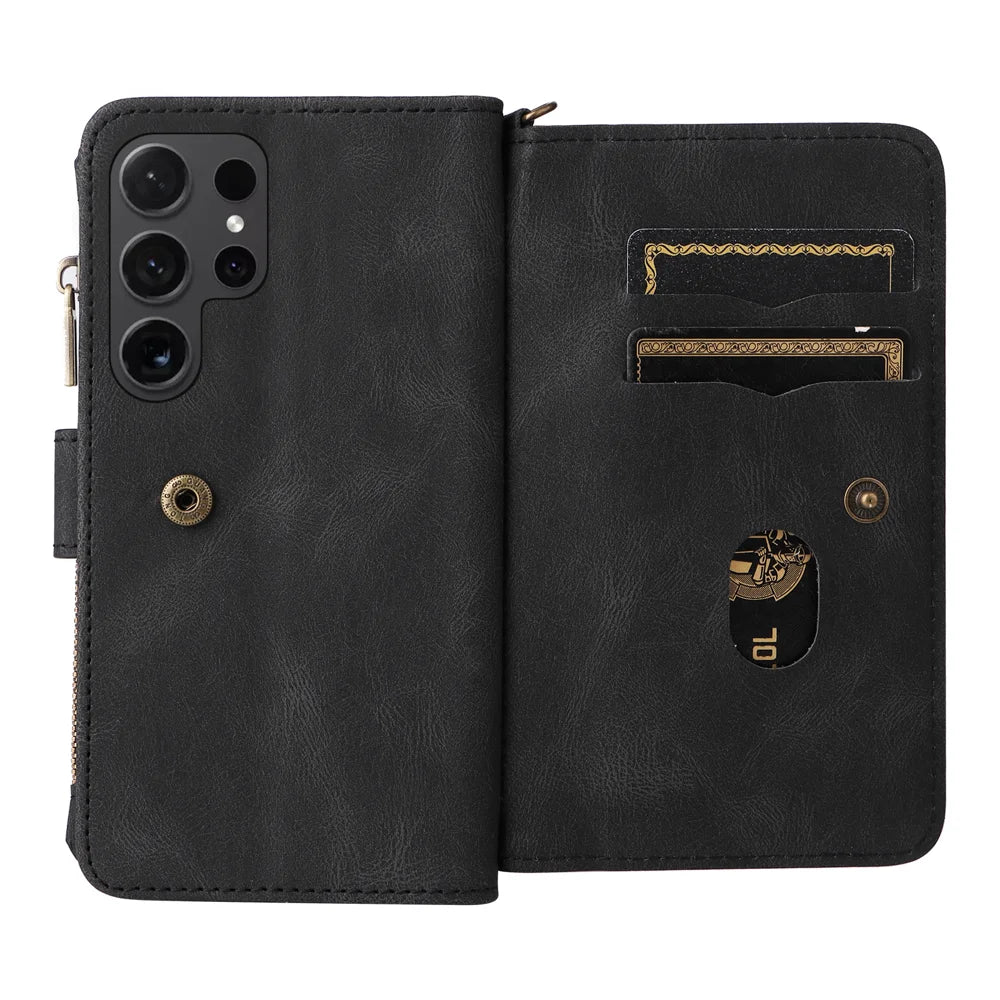 For Samsung Galaxy S24 Ultra Zipper Wallet Case with 15 Card Slots and Strap Leather Phone Cover - Black - 2