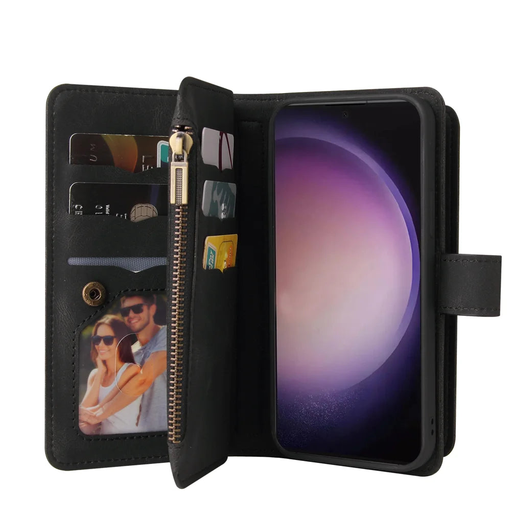 For Samsung Galaxy S24 Ultra Zipper Wallet Case with 15 Card Slots and Strap Leather Phone Cover - Black - 3