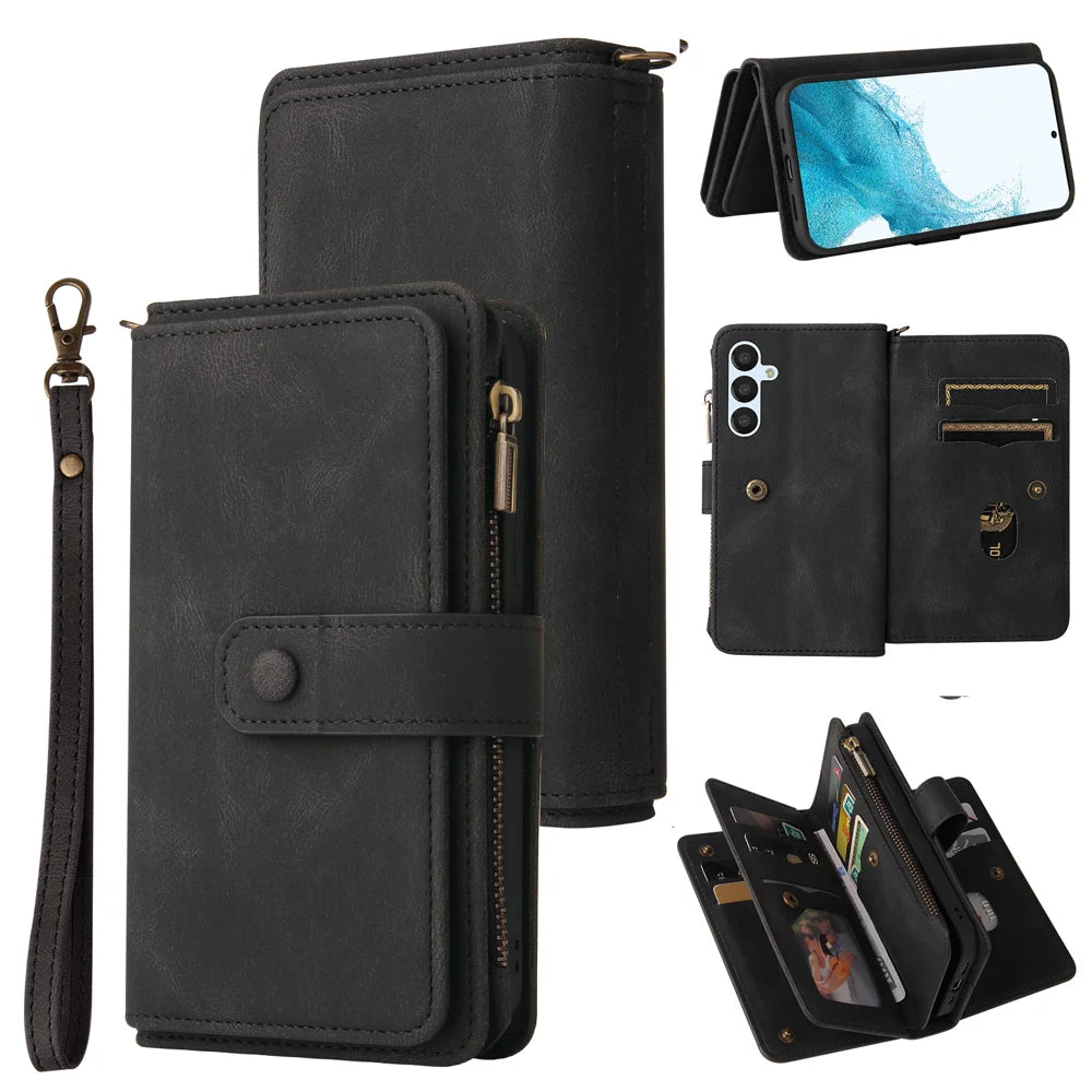 For Samsung Galaxy A54 5G Zipper Wallet Case with 15 Card Slots and Strap Leather Phone Cover - Black - 1