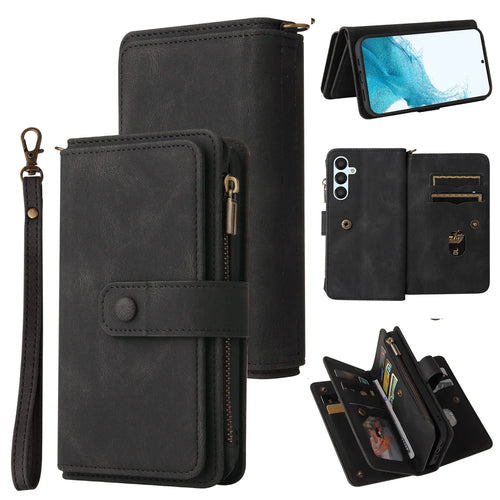 For Samsung Galaxy A54 5G Zipper Wallet Case with 15 Card Slots and Strap Leather Phone Cover - Black - 1