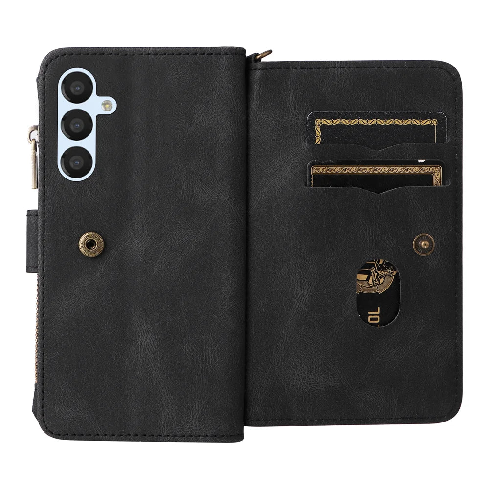 For Samsung Galaxy A54 5G Zipper Wallet Case with 15 Card Slots and Strap Leather Phone Cover - Black - 2
