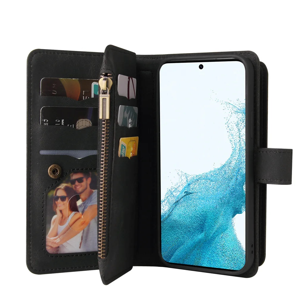For Samsung Galaxy A54 5G Zipper Wallet Case with 15 Card Slots and Strap Leather Phone Cover - Black - 3