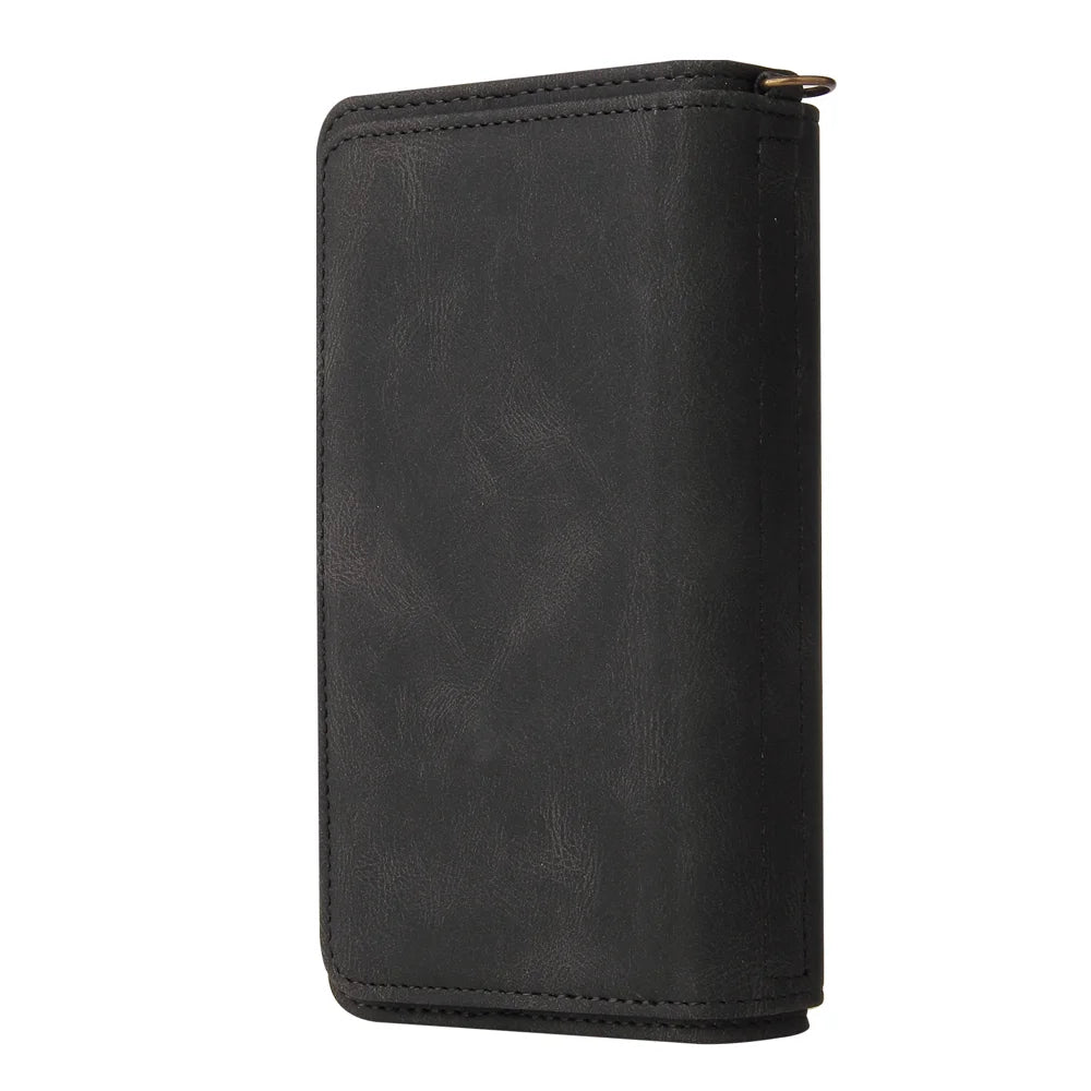 For Samsung Galaxy A54 5G Zipper Wallet Case with 15 Card Slots and Strap Leather Phone Cover - Black - 7