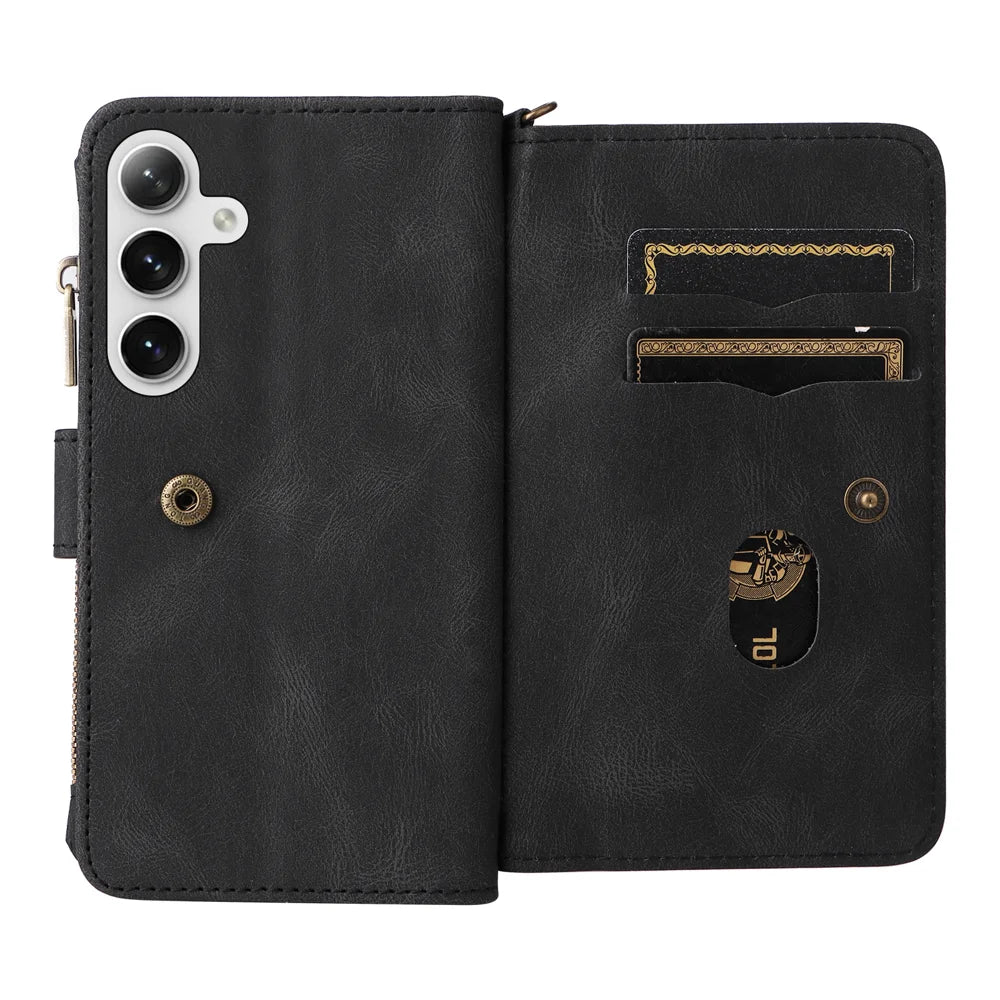 For Samsung Galaxy S24 / Galaxy S25 Zipper Wallet Case with 15 Card Slots and Strap Leather Phone Cover - Black - 2