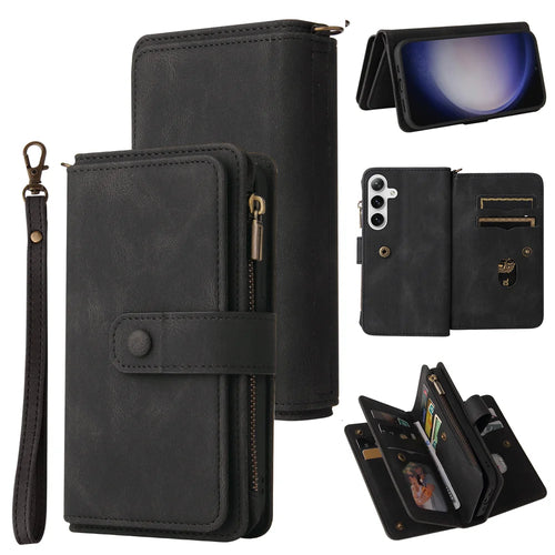 For Samsung Galaxy S24+ / Galaxy S25+ Zipper Wallet Case with 15 Card Slots and Strap Leather Phone Cover - Black - 1