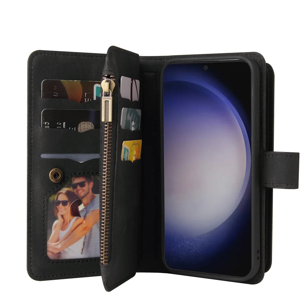 For Samsung Galaxy S24+ / Galaxy S25+ Zipper Wallet Case with 15 Card Slots and Strap Leather Phone Cover - Black - 3