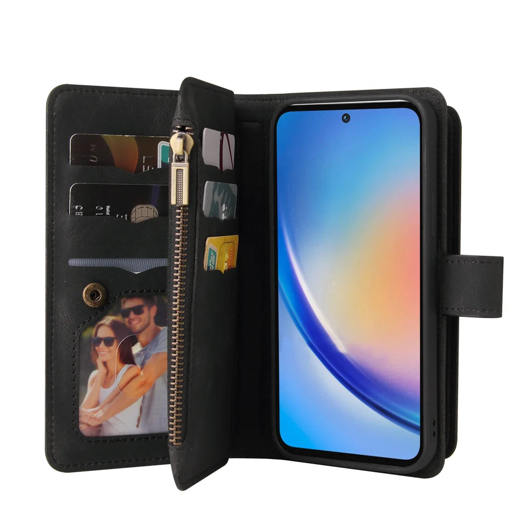 For Samsung Galaxy A35 5G Zipper Wallet Case with 15 Card Slots and Strap Leather Phone Cover - Black - 2