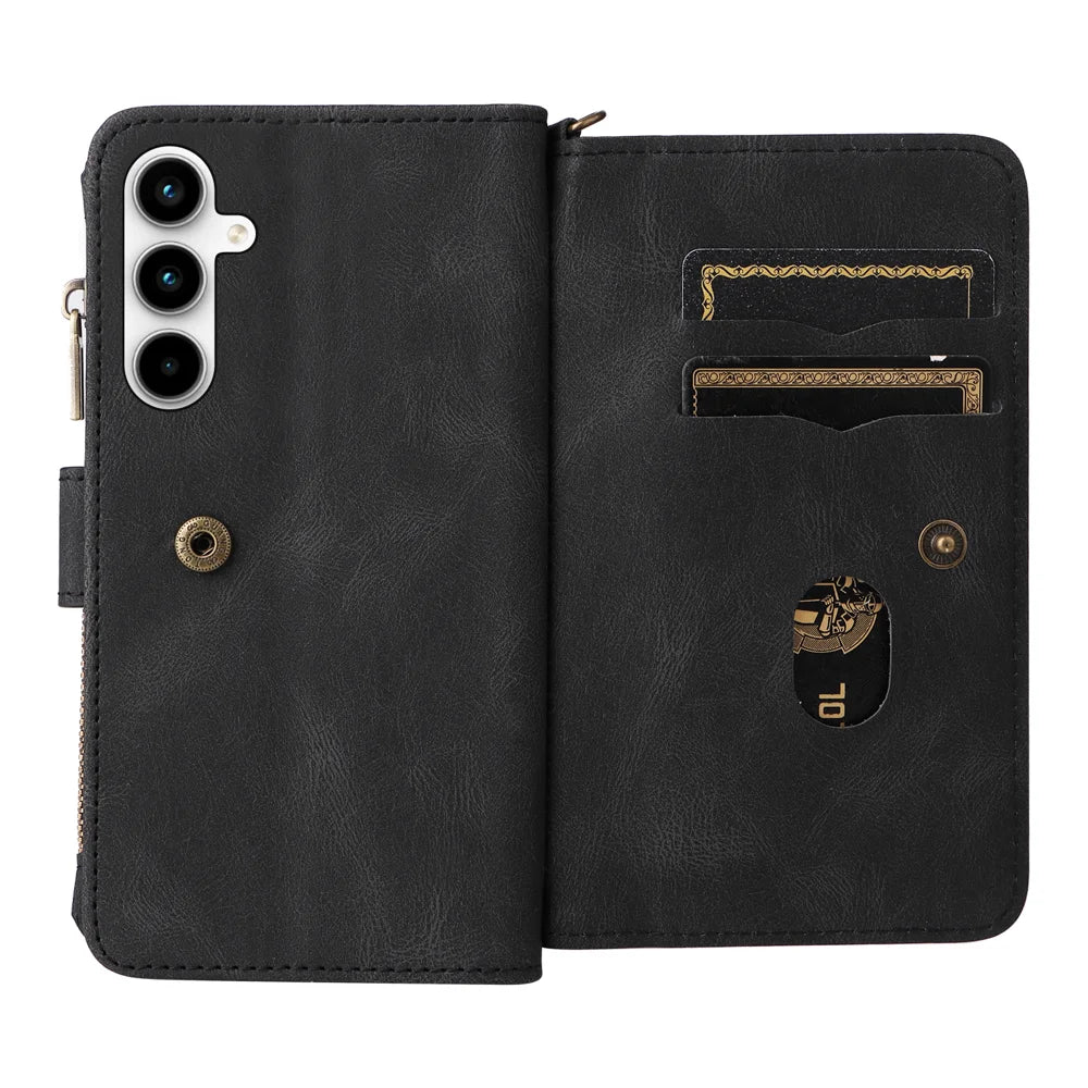 For Samsung Galaxy A35 5G Zipper Wallet Case with 15 Card Slots and Strap Leather Phone Cover - Black - 3