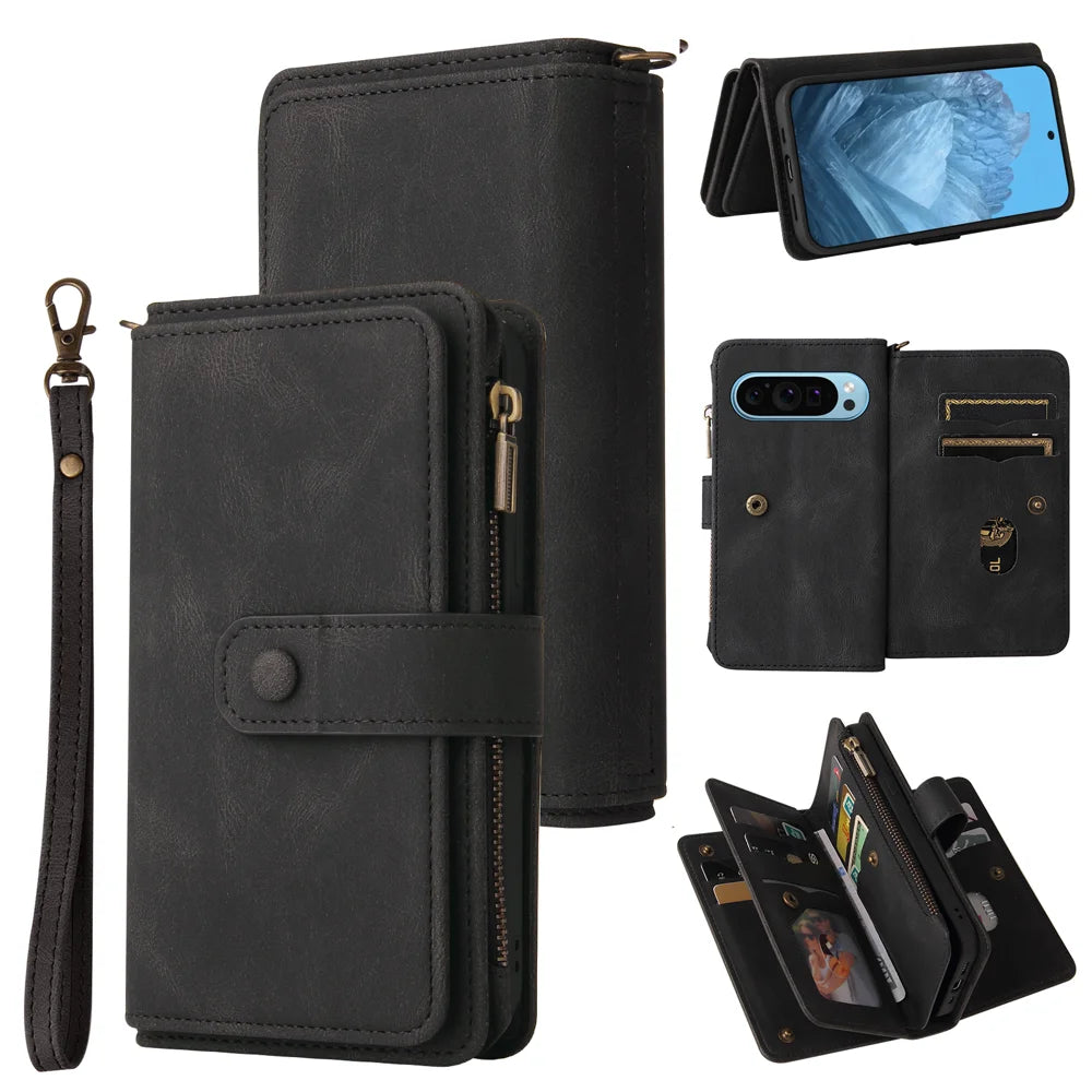 For Google Pixel 10 Pro / Google Pixel 9 / Google Pixel 9 Pro / Google Pixel 10 Zipper Wallet Case with 15 Card Slots and Strap Leather Phone Cover - Black - 1