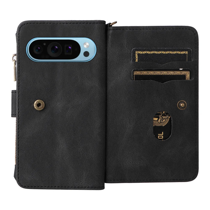 For Google Pixel 10 Pro / Google Pixel 9 / Google Pixel 9 Pro / Google Pixel 10 Zipper Wallet Case with 15 Card Slots and Strap Leather Phone Cover - Black - 2