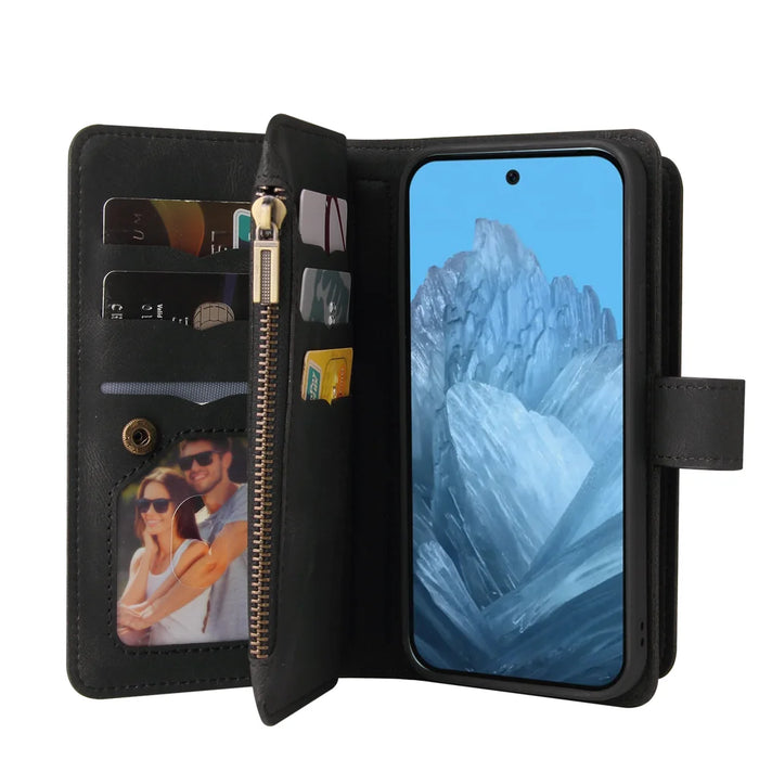 For Google Pixel 10 Pro / Google Pixel 9 / Google Pixel 9 Pro / Google Pixel 10 Zipper Wallet Case with 15 Card Slots and Strap Leather Phone Cover - Black - 3