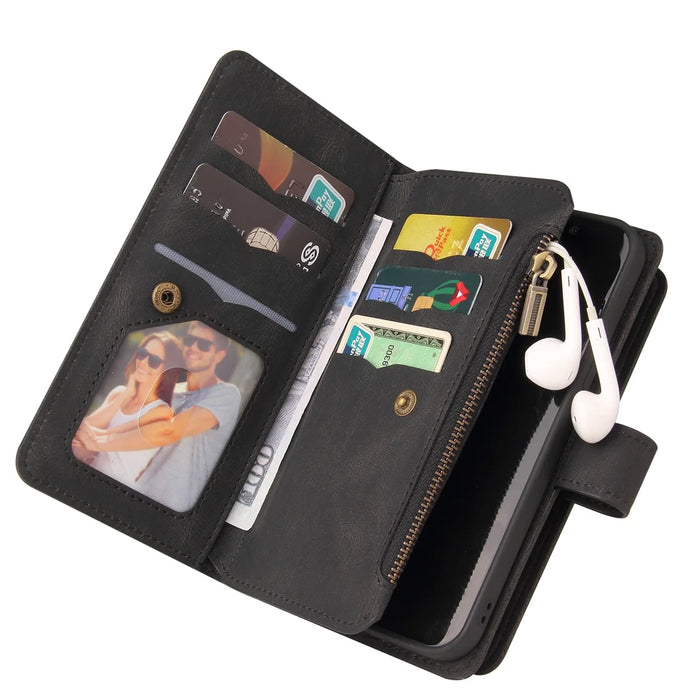 For Google Pixel 10 Pro / Google Pixel 9 / Google Pixel 9 Pro / Google Pixel 10 Zipper Wallet Case with 15 Card Slots and Strap Leather Phone Cover - Black - 7