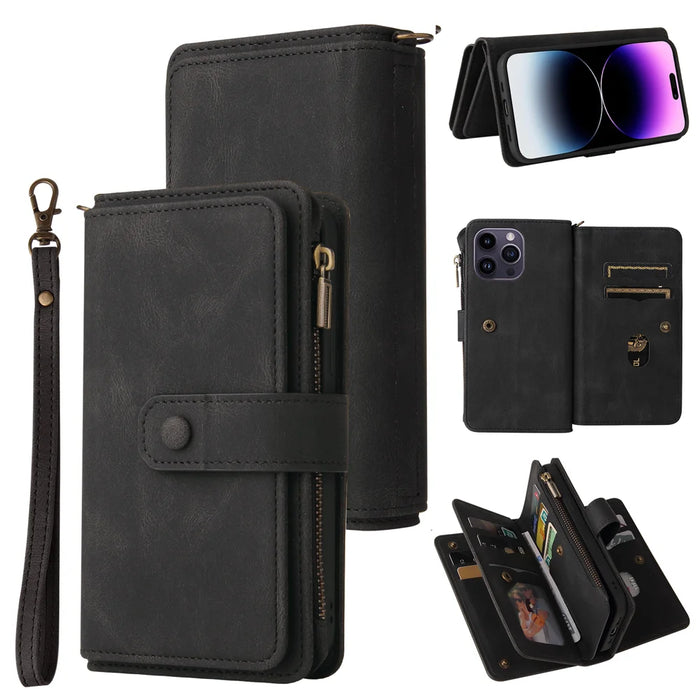 For iPhone 15 Pro Max Zipper Wallet Case with 15 Card Slots and Strap Leather Phone Cover - Black - 1