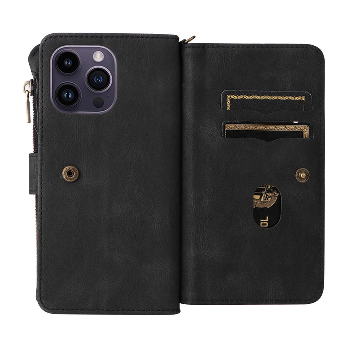 For iPhone 15 Pro Max Zipper Wallet Case with 15 Card Slots and Strap Leather Phone Cover - Black - 2