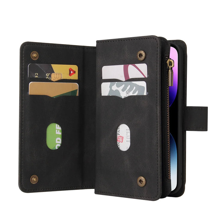 For iPhone 15 Pro Max Zipper Wallet Case with 15 Card Slots and Strap Leather Phone Cover - Black - 3