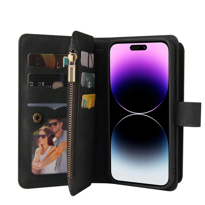 For iPhone 15 Pro Max Zipper Wallet Case with 15 Card Slots and Strap Leather Phone Cover - Black - 4