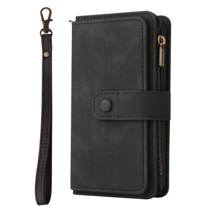 For iPhone 15 Pro Max Zipper Wallet Case with 15 Card Slots and Strap Leather Phone Cover - Black - 7