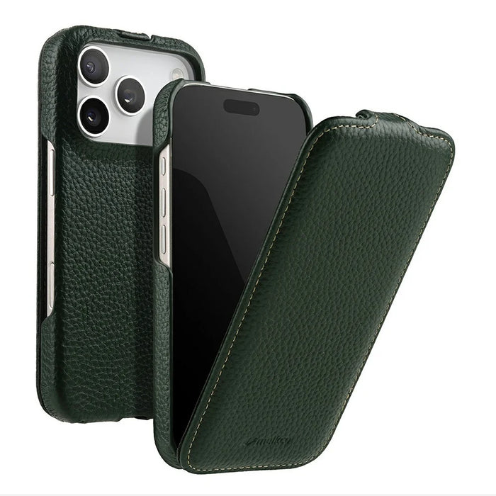 MELKCO For iPhone 17 Pro Max Case Compatible with MagSafe Vertical Flip Genuine Cow Leather + PC Phone Cover - Green - 1
