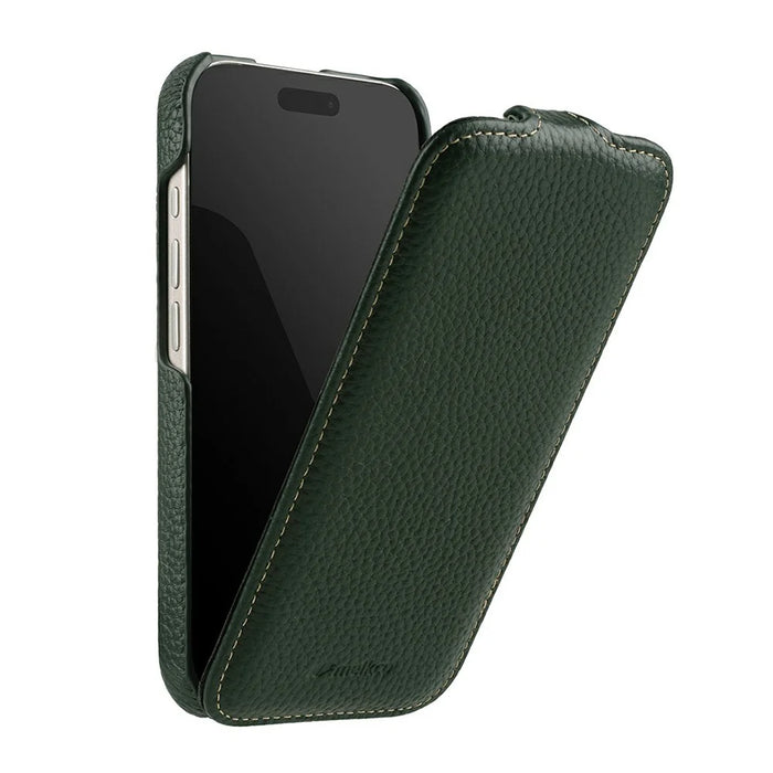 MELKCO For iPhone 17 Pro Max Case Compatible with MagSafe Vertical Flip Genuine Cow Leather + PC Phone Cover - Green - 3
