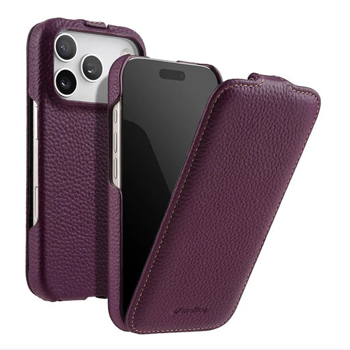 MELKCO For iPhone 17 Pro Case Compatible with MagSafe Vertical Flip Genuine Cow Leather + PC Phone Cover - Purple - 1