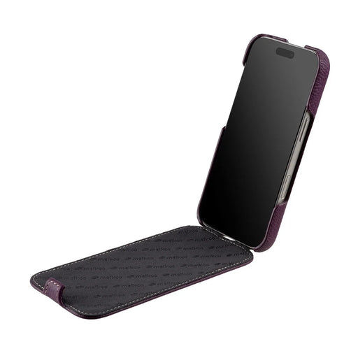 MELKCO For iPhone 17 Pro Case Compatible with MagSafe Vertical Flip Genuine Cow Leather + PC Phone Cover - Purple - 2