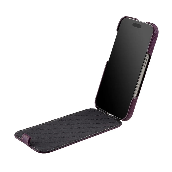 MELKCO For iPhone 17 Pro Case Compatible with MagSafe Vertical Flip Genuine Cow Leather + PC Phone Cover - Purple - 2