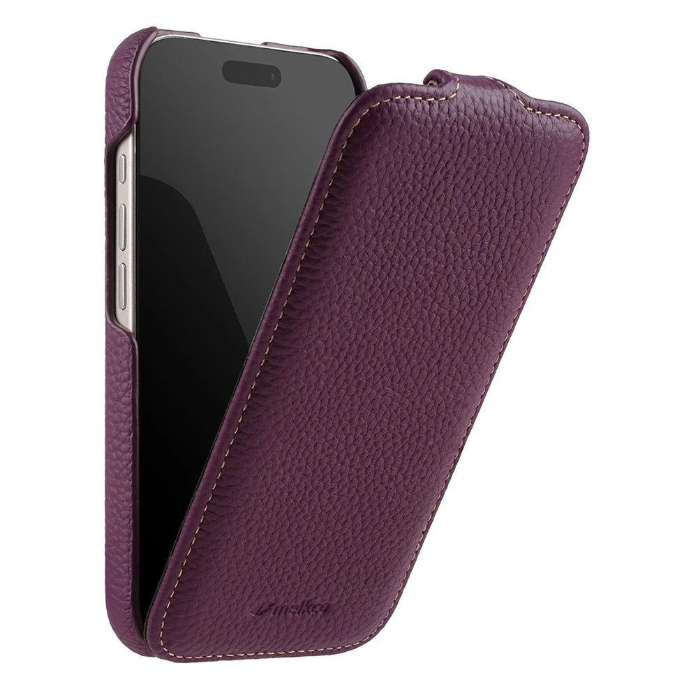 MELKCO For iPhone 17 Pro Case Compatible with MagSafe Vertical Flip Genuine Cow Leather + PC Phone Cover - Purple - 3