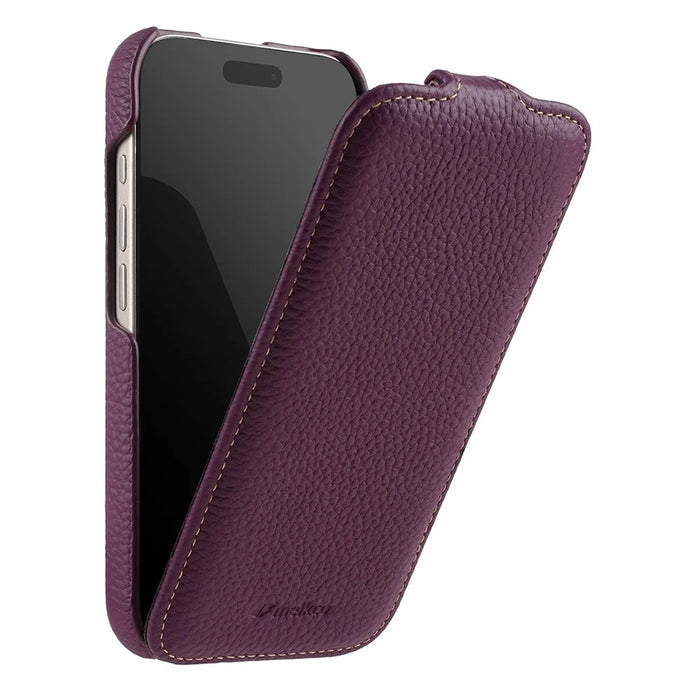 MELKCO For iPhone 17 Pro Case Compatible with MagSafe Vertical Flip Genuine Cow Leather + PC Phone Cover - Purple - 3