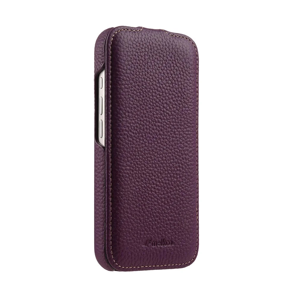 MELKCO For iPhone 17 Pro Case Compatible with MagSafe Vertical Flip Genuine Cow Leather + PC Phone Cover - Purple - 5